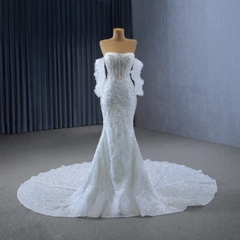 Sparkly High End White Handmade Beading Sequins Wedding Dresses 2024 Trumpet Mermaid Off The Shoulder 3 4 Sleeve Backless Court Train Wedding