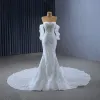 Sparkly High-end White Handmade  Beading Sequins Wedding Dresses 2024 Trumpet / Mermaid Off-The-Shoulder 3/4 Sleeve Backless Court Train Wedding