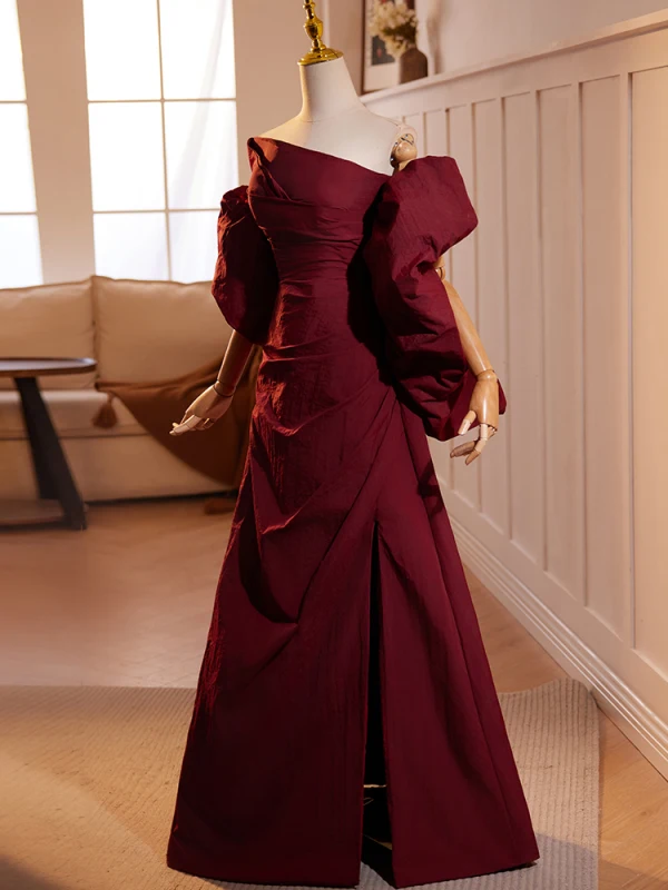 Elegant Burgundy Split Front Prom Dresses 2024 A-Line / Princess Off-The-Shoulder Short Sleeve Backless Floor-Length / Long Prom Formal Dresses