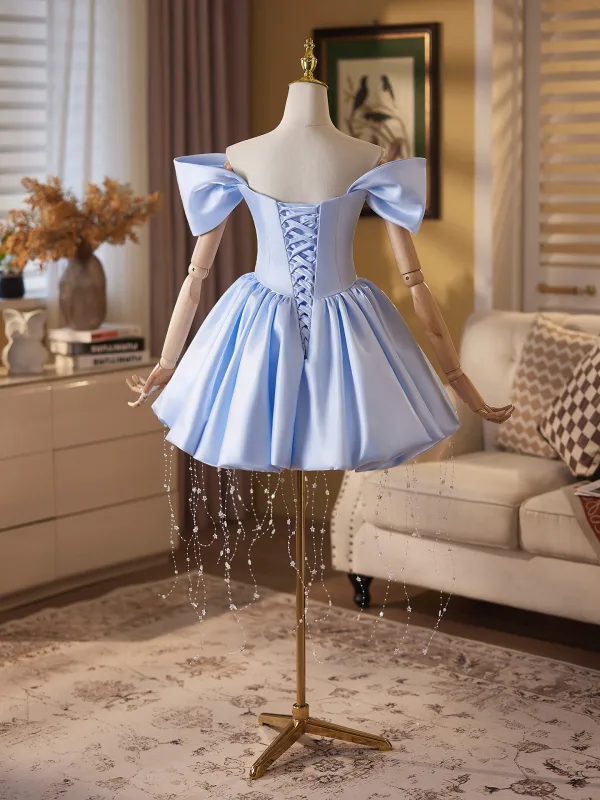 Fashion Sky Blue Pearl Short Homecoming Graduation Dresses 2025 A-Line / Princess Off-The-Shoulder Short Sleeve Backless Formal Dresses