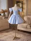 Fashion Sky Blue Pearl Short Homecoming Graduation Dresses 2025 A-Line / Princess Off-The-Shoulder Short Sleeve Backless Formal Dresses