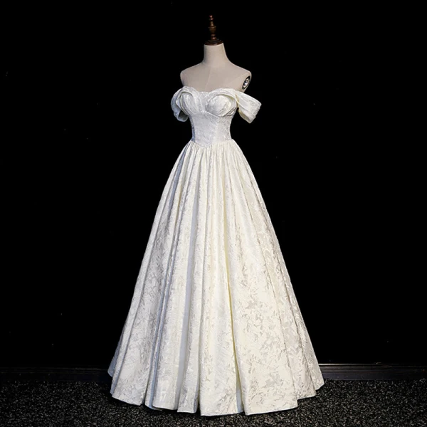 Vintage / Retro Ivory Printing Prom Dresses 2023 A-Line / Princess Off-The-Shoulder Short Sleeve Backless Floor-Length / Long Formal Dresses