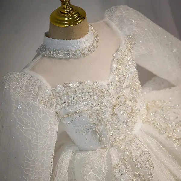 Charming White Beading Pearl Sequins Wedding Flower Girl Dresses 2022 Ball Gown High Neck Short Sleeve Court Train Flower Girl Dresses
