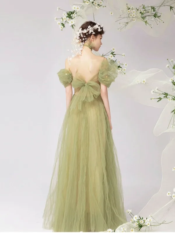 Fashion Sage Green Sequins Ruffle Prom Dresses 2025 A-Line / Princess Off-The-Shoulder Short Sleeve Backless Floor-Length / Long Prom Formal Dresses