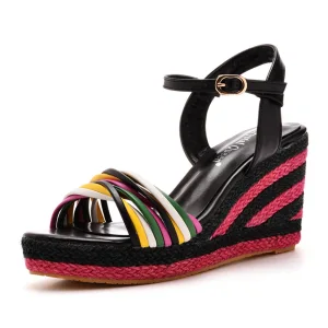 Bohemia Black Summer Street Wear Braid Womens Sandals 2023 Ankle Strap 9 Cm Wedges Open Peep Toe Sandals