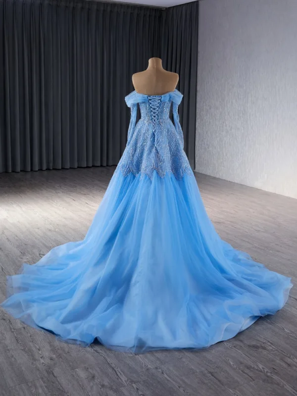 High-end Pool Blue Handmade  Beading Sequins Prom Dresses 2024 Ball Gown Off-The-Shoulder Long Sleeve Backless Court Train Prom Formal Dresses
