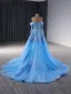 High-end Pool Blue Handmade  Beading Sequins Prom Dresses 2024 Ball Gown Off-The-Shoulder Long Sleeve Backless Court Train Prom Formal Dresses