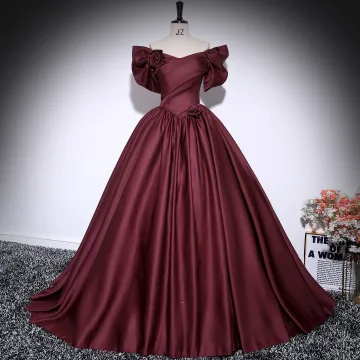 Vintage Originale Bordeaux Satin Robe De Bal 2025 Robe Boule De L Épaule Manches Courtes Dos Nu Longue Robe De Ceremonie