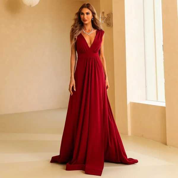 Chic / Beautiful Burgundy Split Front Prom Dresses 2022 A-Line / Princess V-Neck Sleeveless Backless Floor-Length / Long Prom Formal Dresses