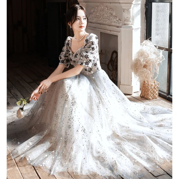 Fashion Grey Star Sequins Prom Dresses 2023 A-Line / Princess Square Neckline Short Sleeve Backless Floor-Length / Long Prom Formal Dresses
