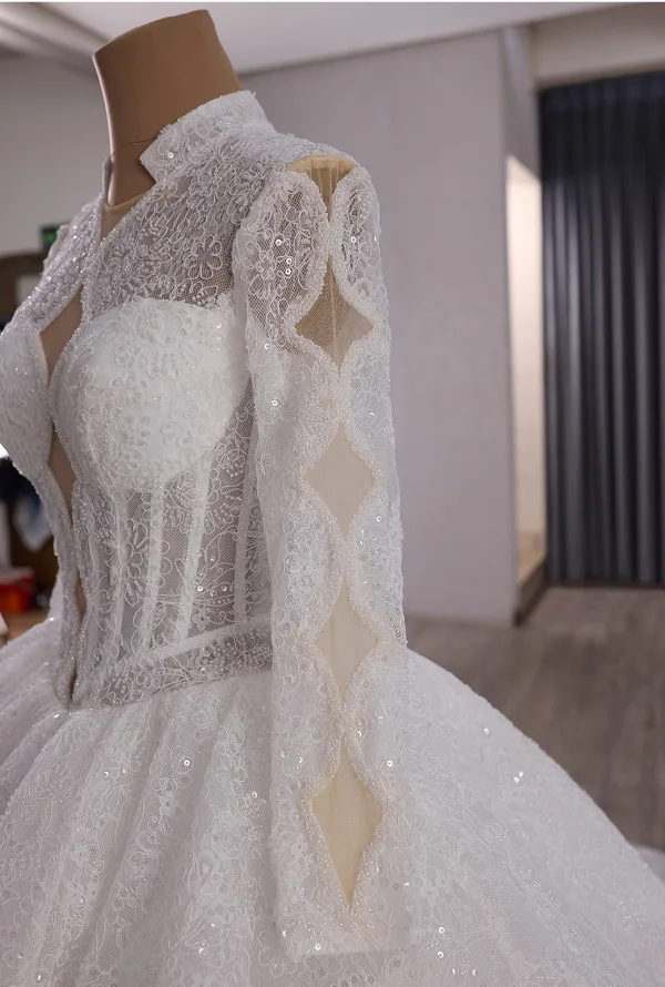 Luxury / Gorgeous White Beading Pearl Sequins Lace Flower Wedding Dresses 2025 Ball Gown High Neck Long Sleeve Backless Court Train