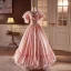 Vintage / Retro Medieval Blushing Pink Prom Dresses 2024 Ball Gown V-Neck Bow Short Sleeve Backless Floor-Length / Long Prom Formal Dresses