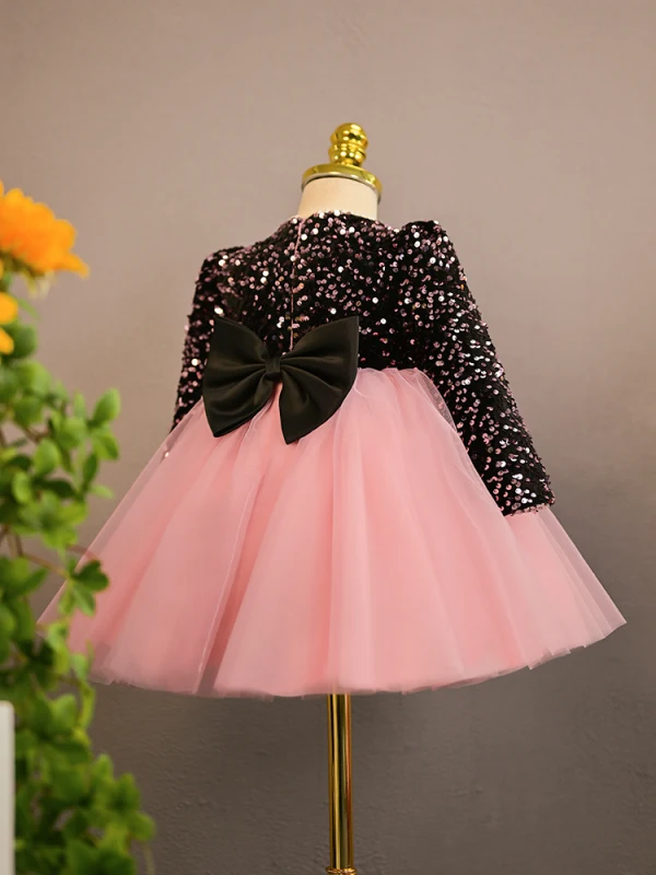 Chic / Beautiful Blushing Pink Bow Sequins Birthday Flower Girl Dresses 2024 Ball Gown Scoop Neck Short Long Sleeve