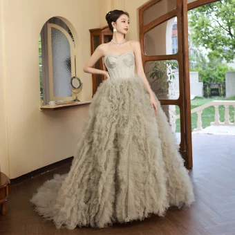 Charming Pleated Sage Green Prom Dresses 2023 Ball Gown Strapless Sleeveless Backless Court Train Prom Formal Dresses