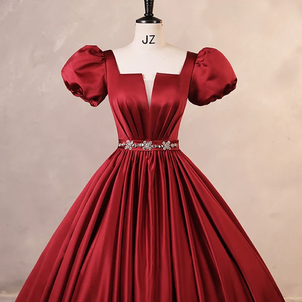 Elegant Burgundy Satin Prom Dresses 2023 Ball Gown Square Neckline Puffy Short Sleeve Backless Rhinestone Sash Floor-Length / Long Prom Formal Dresses