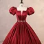 Elegant Burgundy Satin Prom Dresses 2023 Ball Gown Square Neckline Puffy Short Sleeve Backless Rhinestone Sash Floor-Length / Long Prom Formal Dresses