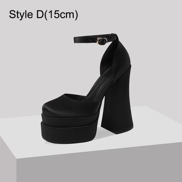 Fashion Beige Leather Prom Womens Sandals 2023 Ankle Strap 12 cm Thick Heels Square Toe Sandals