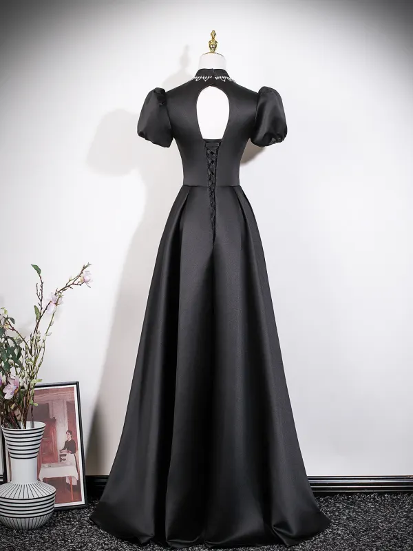 Audrey Hepburn-Stil Schwarz Ballkleider 2026 A Linie Stehkragen Geschwollenes Kurze Ärmel Rückenfreies Lange Festliche Kleider
