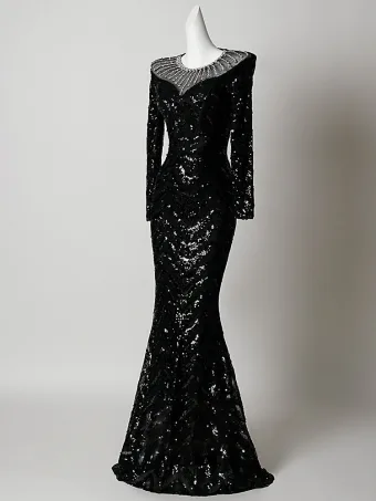Scintillantes Noire Paillettes Faux Diamant Robe De Soirée 2026 Trompette Sirène Encolure Dégagée Manches Longues Longue Robe De Ceremonie