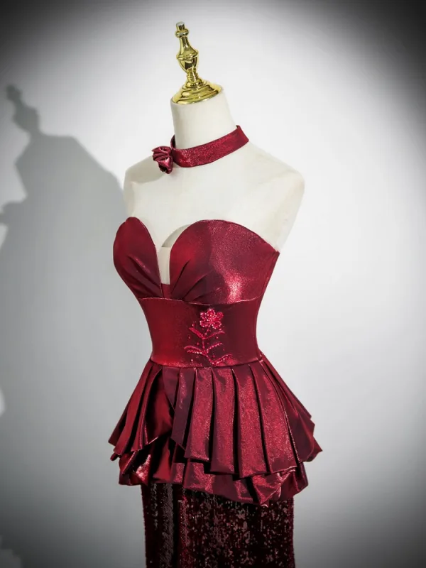 Sexy Bordeaux Paillettes Trompette / Sirène Robe De Bal 2024 Bustier Manches Courtes Dos Nu Train De Balayage Promo Robe De Ceremonie