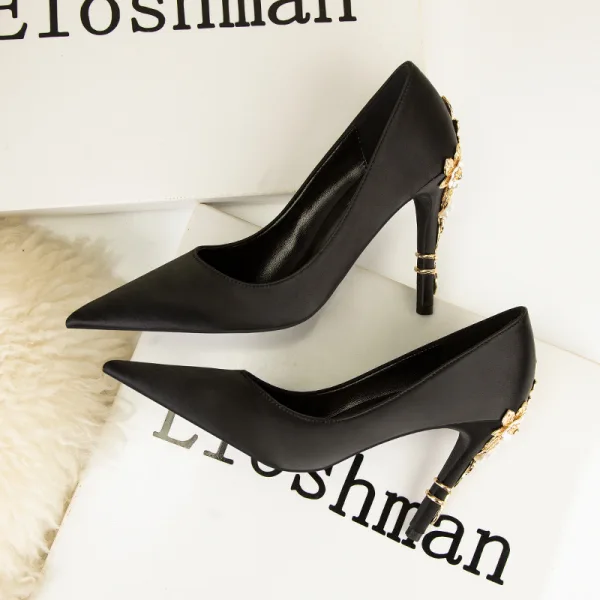 Fashion White Satin Prom Pumps 2022 Metal Flower Rhinestone 10 cm Stiletto Heels Pointed Toe Pumps High Heels