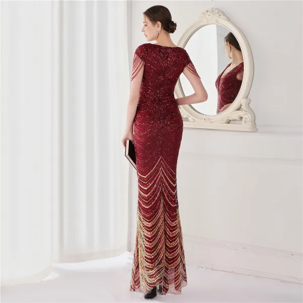 Sexy Black Beading Sequins Evening Dresses 2022 Trumpet / Mermaid V-Neck Sleeveless Floor-Length / Long Evening Party Formal Dresses