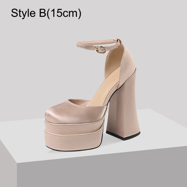 Fashion Beige Leather Prom Womens Sandals 2023 Ankle Strap 12 cm Thick Heels Square Toe Sandals