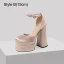 Fashion Beige Leather Prom Womens Sandals 2023 Ankle Strap 12 cm Thick Heels Square Toe Sandals