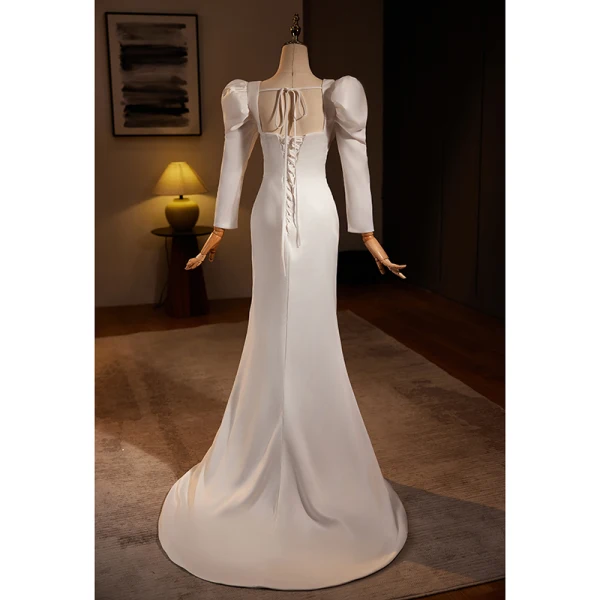 Fashion Ivory Satin Evening Dresses 2024 Trumpet / Mermaid Square Neckline Long Sleeve Backless Sweep Train Evening Party Formal Dresses