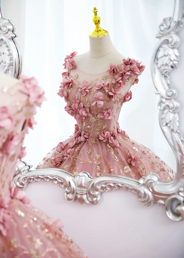 Flower Fairy Candy Pink Appliques Sequins Prom Dresses 2022 Ball Gown Scoop Neck Sleeveless Backless Floor-Length / Long Prom Formal Dresses
