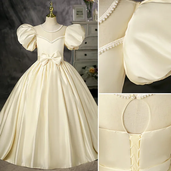 Elegant Champagne Satin Birthday Flower Girl Dresses 2022 Ball Gown Pearl Scoop Neck Puffy Short Sleeve Bow Backless Floor-Length / Long Flower Girl Dresses