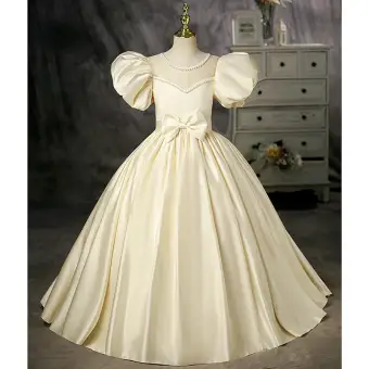 Elegant Champagne Satin Birthday Flower Girl Dresses 2022 Ball Gown Pearl Scoop Neck Puffy Short Sleeve Bow Backless Floor Length Long Flower Girl Dresses