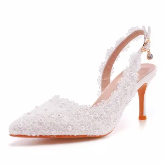 Mooie Prachtige Witte Parel Kant Bloem Bruidsschoenen 2022 7 Cm Naaldhakken Stiletto Spitse Neus Huwelijk Sandalen Hoge Hakken