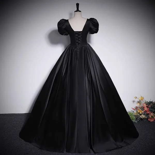 Elegant Black Satin Prom Dresses 2023 Ball Gown Square Neckline Puffy Short Sleeve Bow Backless Floor-Length / Long Prom Formal Dresses