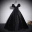 Elegant Black Satin Prom Dresses 2023 Ball Gown Square Neckline Puffy Short Sleeve Bow Backless Floor-Length / Long Prom Formal Dresses