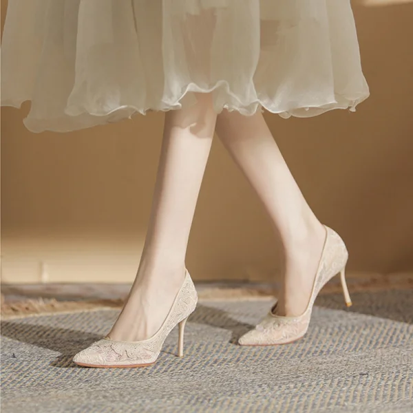 Chic / Belle Noire En Dentelle Faux Diamant Soirée Cuir Escarpins 2022 8 cm Talons Aiguilles À Bout Pointu Escarpins Talons Hauts