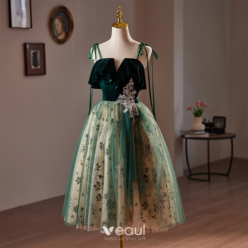 Vintage / Retro Dark Green Sequins Lace Flower Homecoming Graduation Dresses  2024 Spaghetti Straps Sleeveless Backless Tea-length Formal Dresses