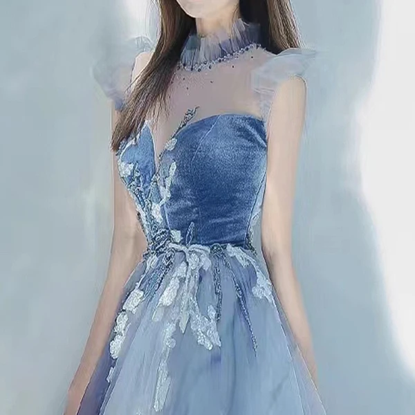Chic / Beautiful Sky Blue Prom Dresses 2022 A-Line / Princess High Neck Beading Pearl Sequins Lace Flower Sleeveless Floor-Length / Long Formal Dresses