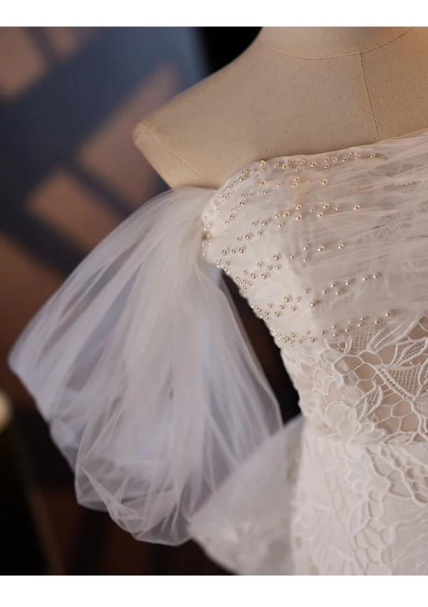 Vintage / Retro Ivory Beading Pearl Lace Flower Wedding Dresses 2024 Trumpet / Mermaid Off-The-Shoulder Short Sleeve Sweep Train