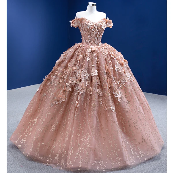 High-end Champagne Pearl Appliques Sequins Prom Dresses 2022 Ball Gown Off-The-Shoulder Short Sleeve Backless Floor-Length / Long Formal Dresses