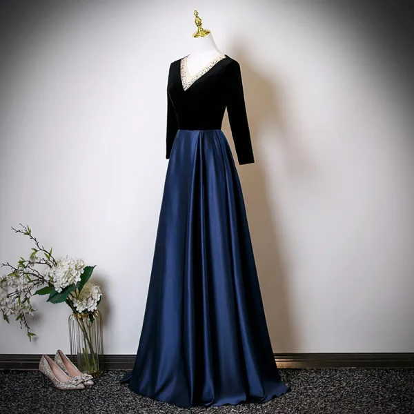 Vintage / Retro Navy Blue Rhinestone Satin Prom Dresses 2025 A-Line / Princess V-Neck Long Sleeve Backless Floor-Length / Long Formal Dresses