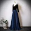 Vintage / Retro Navy Blue Rhinestone Satin Prom Dresses 2025 A-Line / Princess V-Neck Long Sleeve Backless Floor-Length / Long Formal Dresses