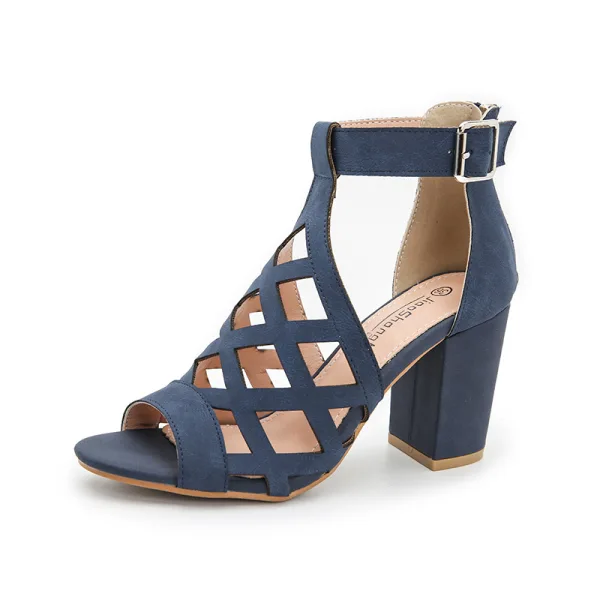 Schöne Braun Strassenmode Durchbohrt Sandalen Damen 2022 T-Riemen 8 cm Thick Heels Peeptoes Sandaletten Hochhackige