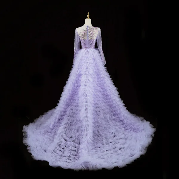 Luxe Charmant Lavande Fait main Perlage Faux Diamant Percé Robe De Soirée 2023 Trompette / Sirène Encolure Dégagée Manches Longues Tribunal Train Soirée Robe De Ceremonie
