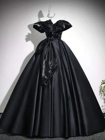 Élégant Noire Noeud Robe De Bal 2026 Robe Boule De L Épaule Manches Courtes Dos Nu Longue Robe De Ceremonie
