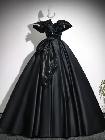 Élégant Noire Noeud Robe De Bal 2026 Robe Boule De L Épaule Manches Courtes Dos Nu Longue Robe De Ceremonie