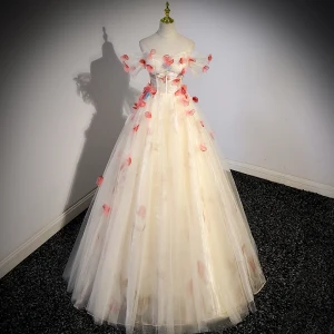 Blomsterfe Champagne Ballkjoler 2023 Prinsesse Kryssede Stropper Forlovelses Tyll Formelle Kjoler