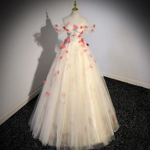 Hada de las flores Champán Vestidos de gala 2023 A-Line / Princess Correas Cruzadas De Compromiso Tul Vestidos Formales