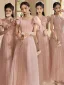 Schlicht Rosa Pailletten Brautjungfernkleider 2022 Gekreuzte Träger A Linie Eckiger Ausschnitt Geschwollenes Kurze Ärmel Rückenfreies Lange Brautjungfer Kleider Für Hochzeit