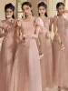 Modest / Simple Blushing Pink Sequins Bridesmaid Dresses 2022 Crossed Straps A-Line / Princess Square Neckline Puffy Short Sleeve Backless Floor-Length / Long Bridesmaid Wedding Party Dresses